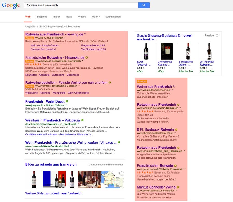 Google AdWords-Anzeigen (rot markiert)