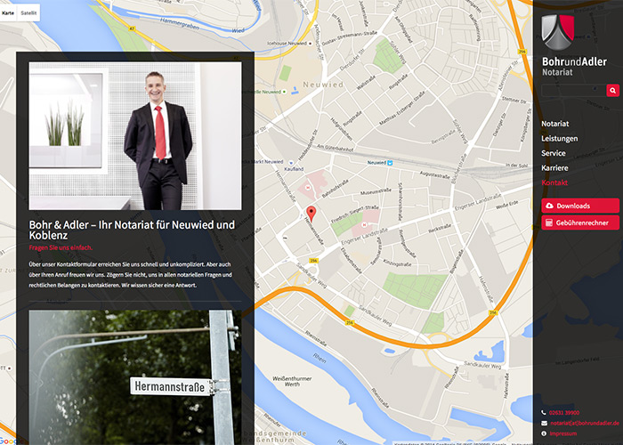 Kontaktseite mit Fullscreen Google Maps Hintergrund Contao für Notar in Neuwied