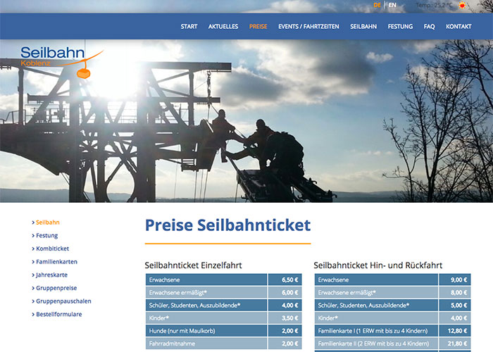 Seilbahn Koblenz Webdesign Preistafel